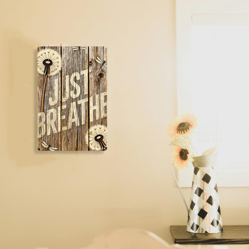 Just Breathe Rustic Inspirational Tin Sign, Farmhouse Bathroom Bedroom Wall Decor, Calming Quote Wood Look Metal Sign, Mindfulness Gift