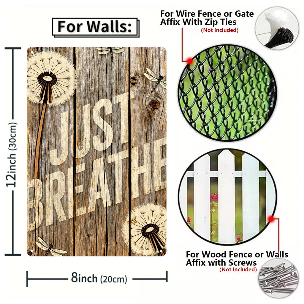 Just Breathe Rustic Inspirational Tin Sign, Farmhouse Bathroom Bedroom Wall Decor, Calming Quote Wood Look Metal Sign, Mindfulness Gift