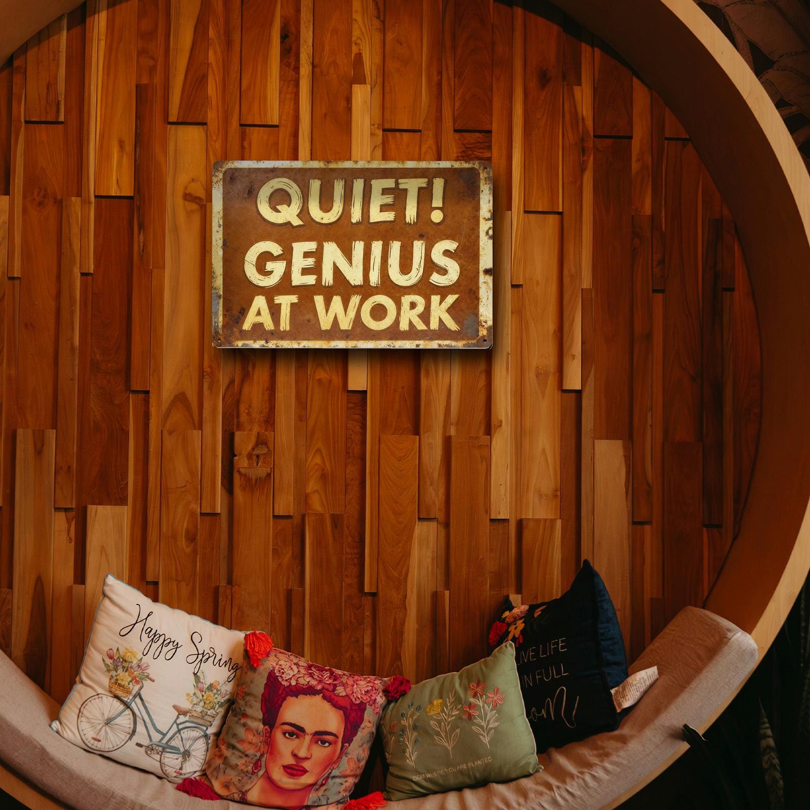 Quiet! Genius at Work Vintage Tin Sign, Funny Office Wall Decor, Rustic Garage Workshop Metal Sign, Home Office Gift for Coworker Boss