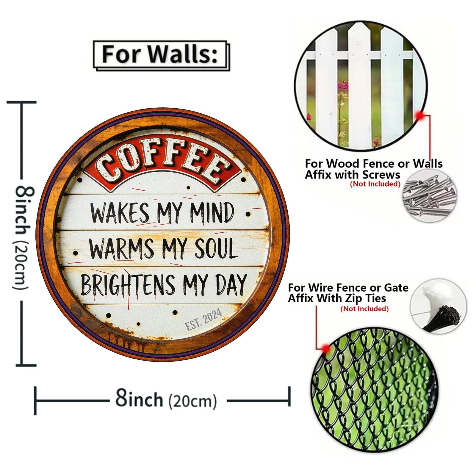 Coffee Wakes My Mind Warms My Soul Brightens My Day Round Tin Sign, Vintage Rustic Coffee Bar Decor, Kitchen Wall Art, Gift