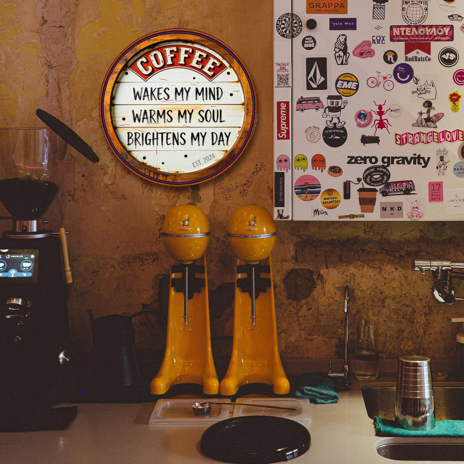 Coffee Wakes My Mind Warms My Soul Brightens My Day Round Tin Sign, Vintage Rustic Coffee Bar Decor, Kitchen Wall Art, Gift