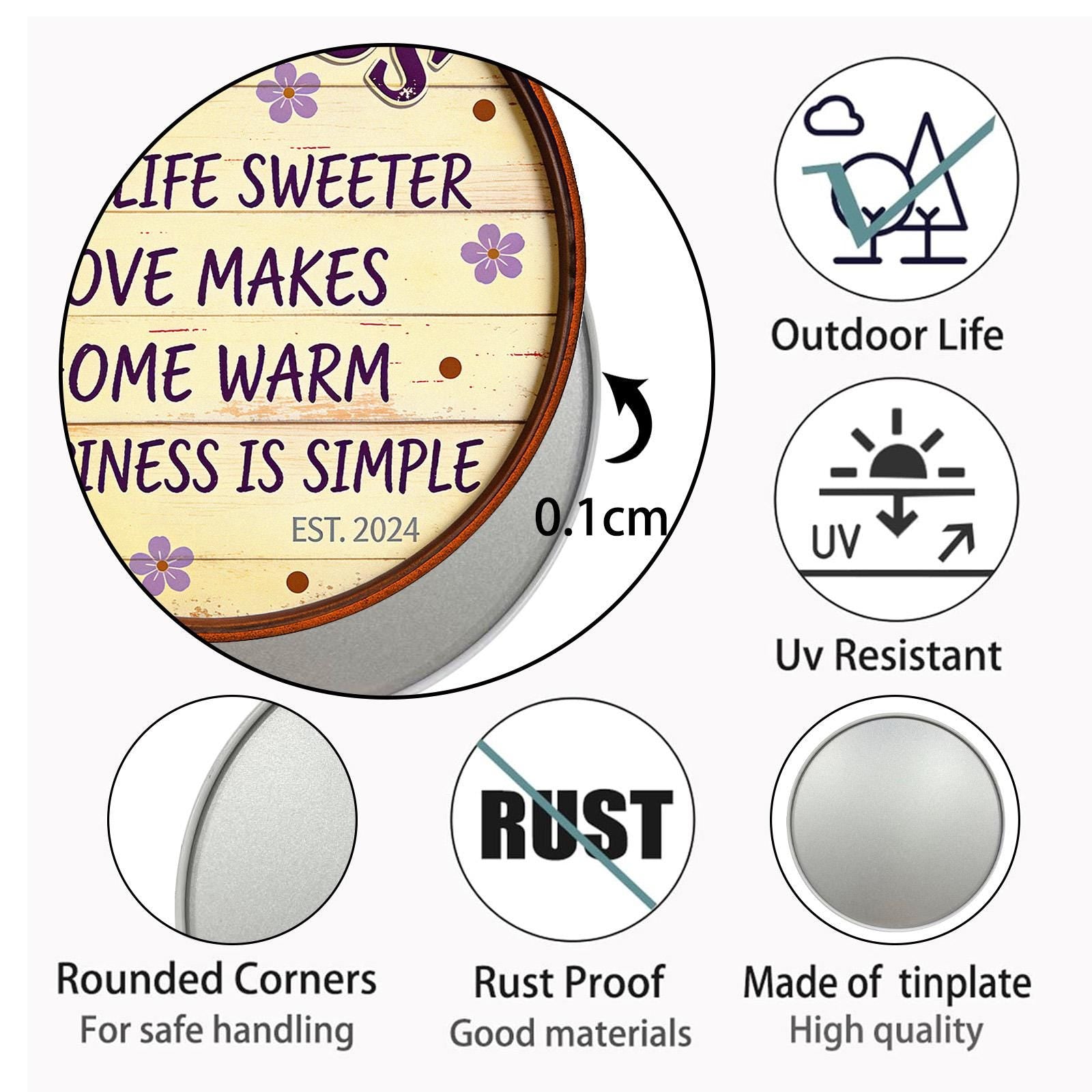 Friends Make Life Sweeter Round Tin Sign, Farmhouse Rustic Metal Wall Decor, Friendship Quote Plaque, Gift for Best Friend