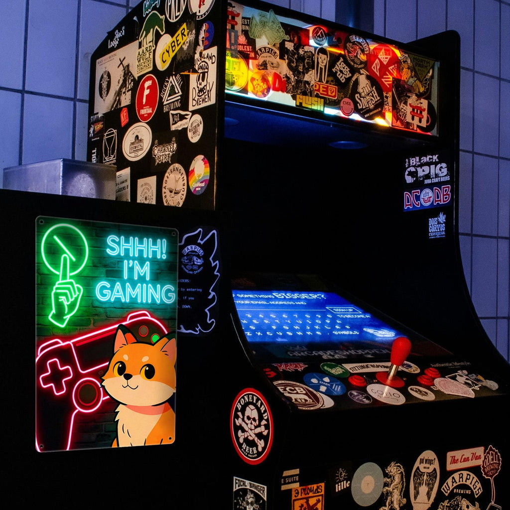 Shhh I'm Gaming Neon Cat Tin Sign, Gamer Room Wall Decor, Video Game Controller Metal Sign, Game Room Man Cave Gift