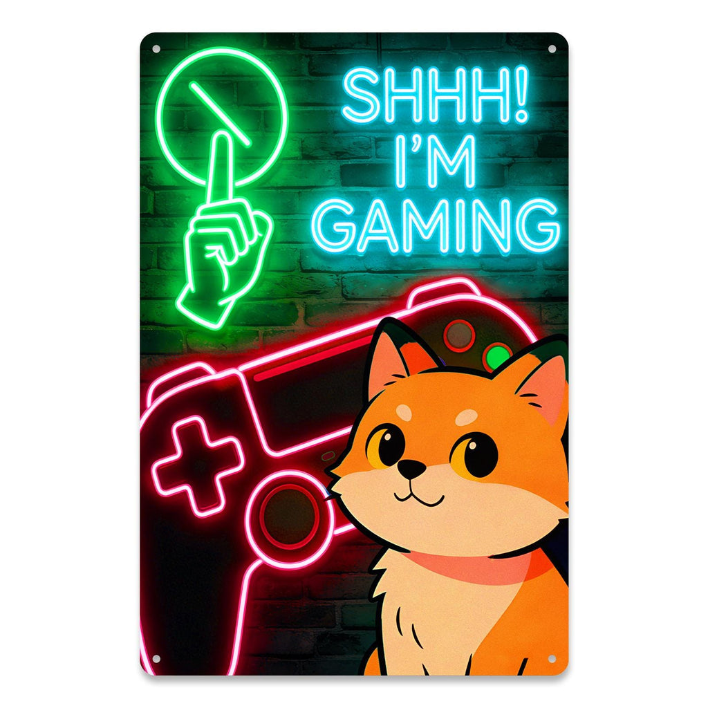 Shhh I'm Gaming Neon Cat Tin Sign, Gamer Room Wall Decor, Video Game Controller Metal Sign, Game Room Man Cave Gift