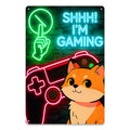 Shhh I'm Gaming Neon Cat Tin Sign, Gamer Room Wall Decor, Video Game Controller Metal Sign, Game Room Man Cave Gift