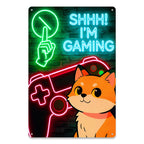 Shhh I'm Gaming Neon Cat Tin Sign, Gamer Room Wall Decor, Video Game Controller Metal Sign, Game Room Man Cave Gift