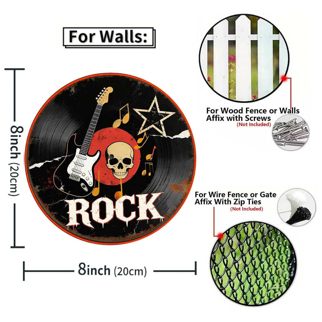 Rockmusik Runder Blechschild | Gitarrenschädel & Schallplatten-Metallkunst für die Männerhöhle & das Studio