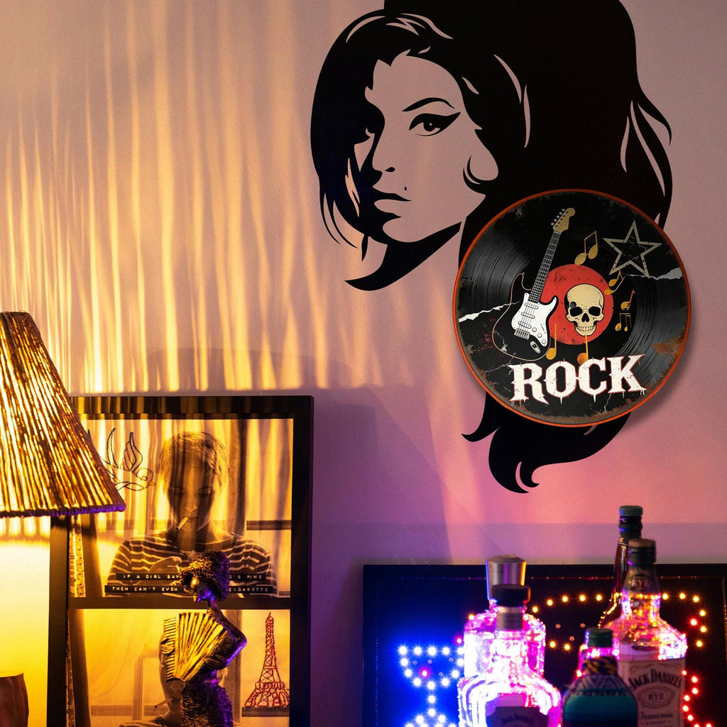 Rockmusik Runder Blechschild | Gitarrenschädel & Schallplatten-Metallkunst für die Männerhöhle & das Studio
