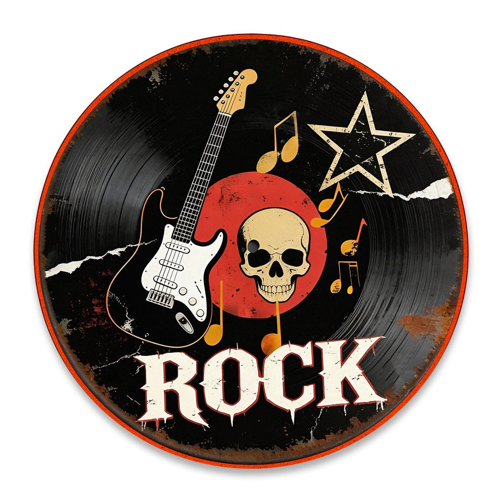 Rockmusik Runder Blechschild | Gitarrenschädel & Schallplatten-Metallkunst für die Männerhöhle & das Studio