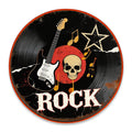 Rockmusik Runder Blechschild | Gitarrenschädel & Schallplatten-Metallkunst für die Männerhöhle & das Studio