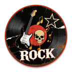 Rockmusik Runder Blechschild | Gitarrenschädel & Schallplatten-Metallkunst für die Männerhöhle & das Studio