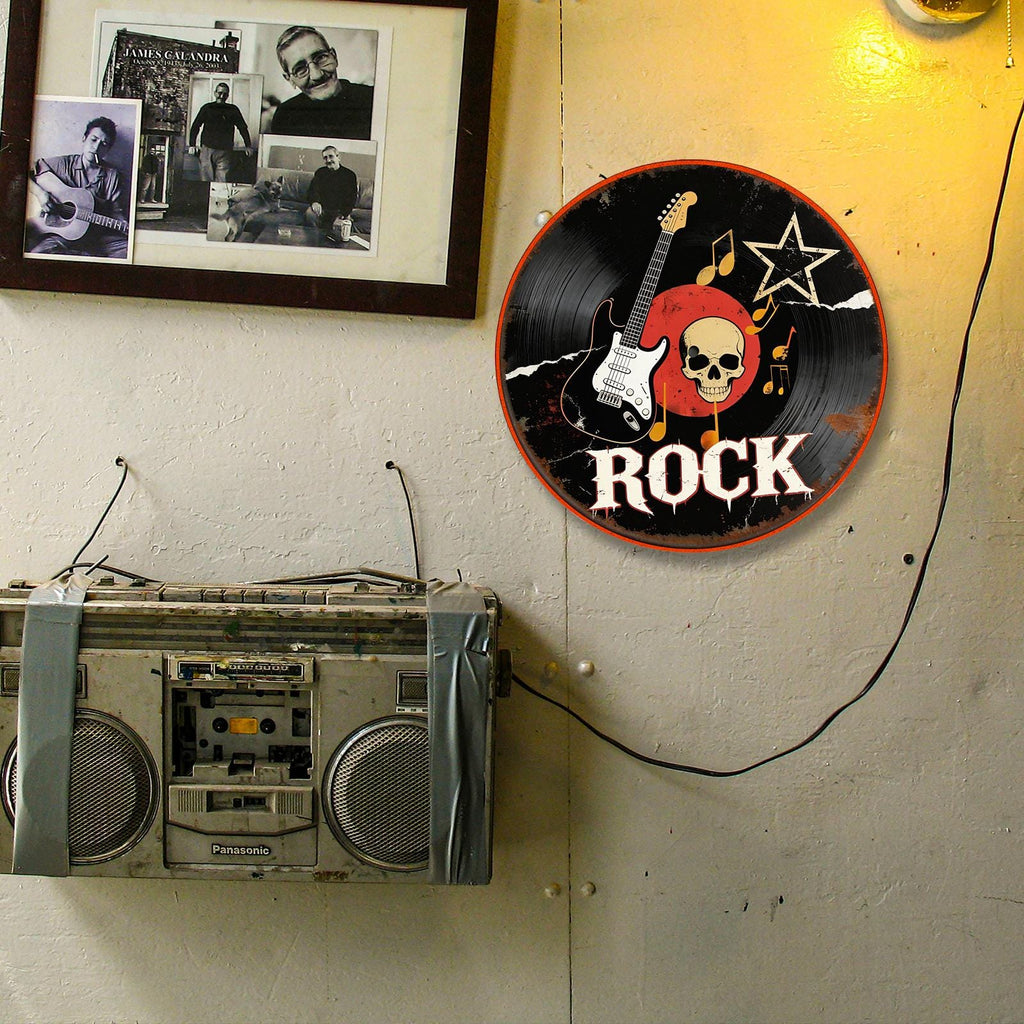 Rockmusik Runder Blechschild | Gitarrenschädel & Schallplatten-Metallkunst für die Männerhöhle & das Studio