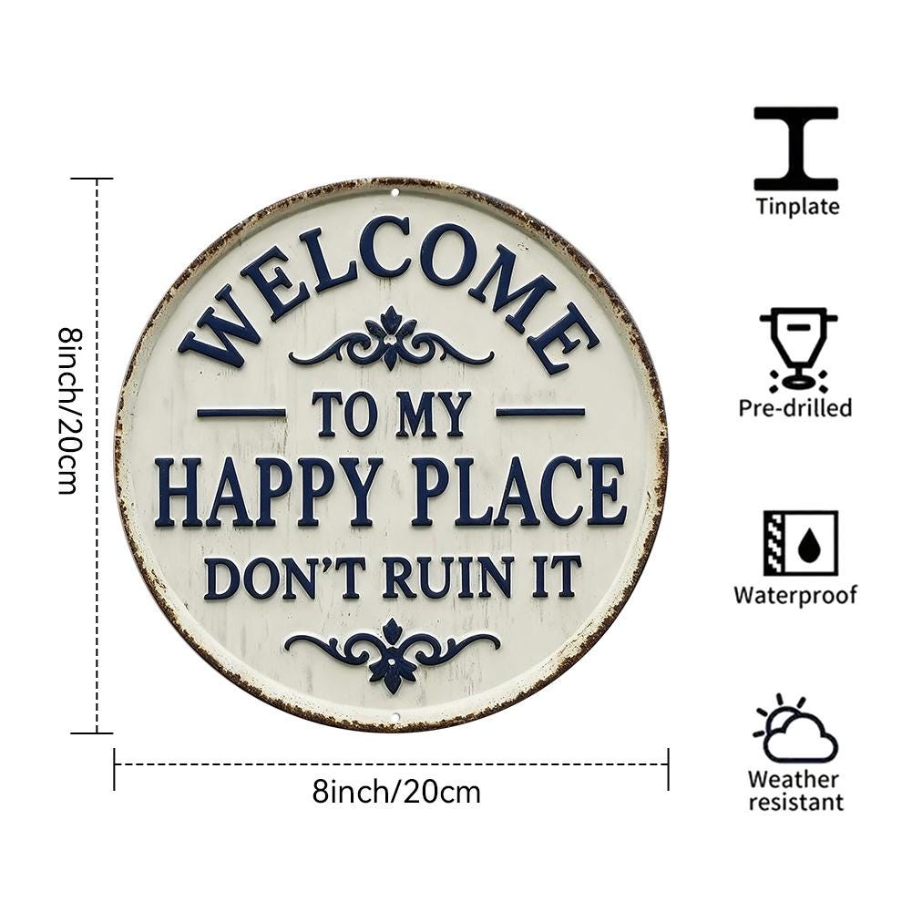 Cream Welcome Sign with Blue Text & Floral Design - "Welcome to My Happy Place" Metal Door Decor for Home Entryway or Wall