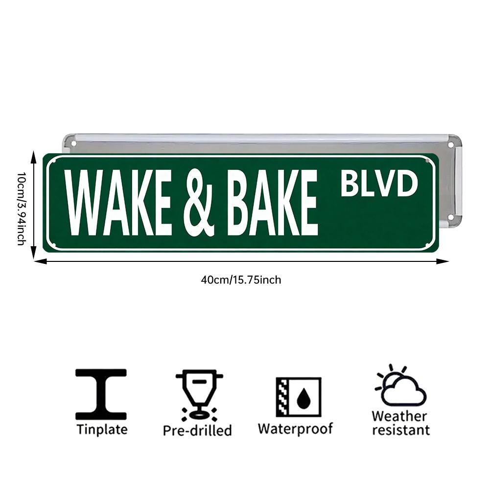 Green Wake And Bake Blvd Street Sign - White Text on Metal Plate for Wall Decor, Home Decor, and Novelty Gift Giving