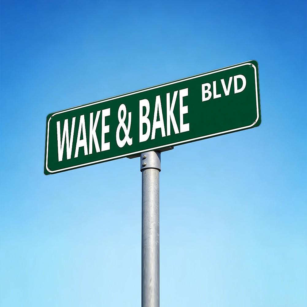 Green Wake And Bake Blvd Street Sign - White Text on Metal Plate for Wall Decor, Home Decor, and Novelty Gift Giving