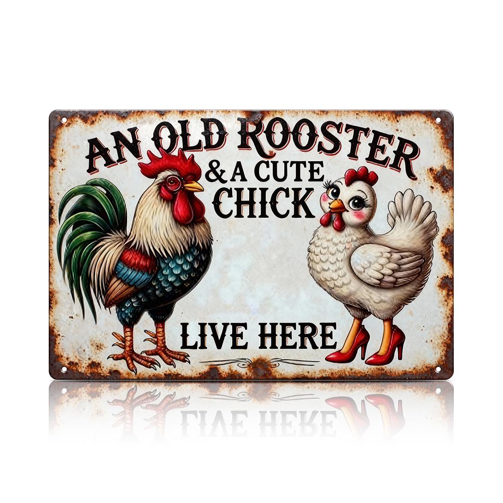 Farmhouse Rustic Metal Sign with Rooster and Chick Design - "An Old Rooster and a Cute Chick Live Here" for Kitchen or Barn Wall