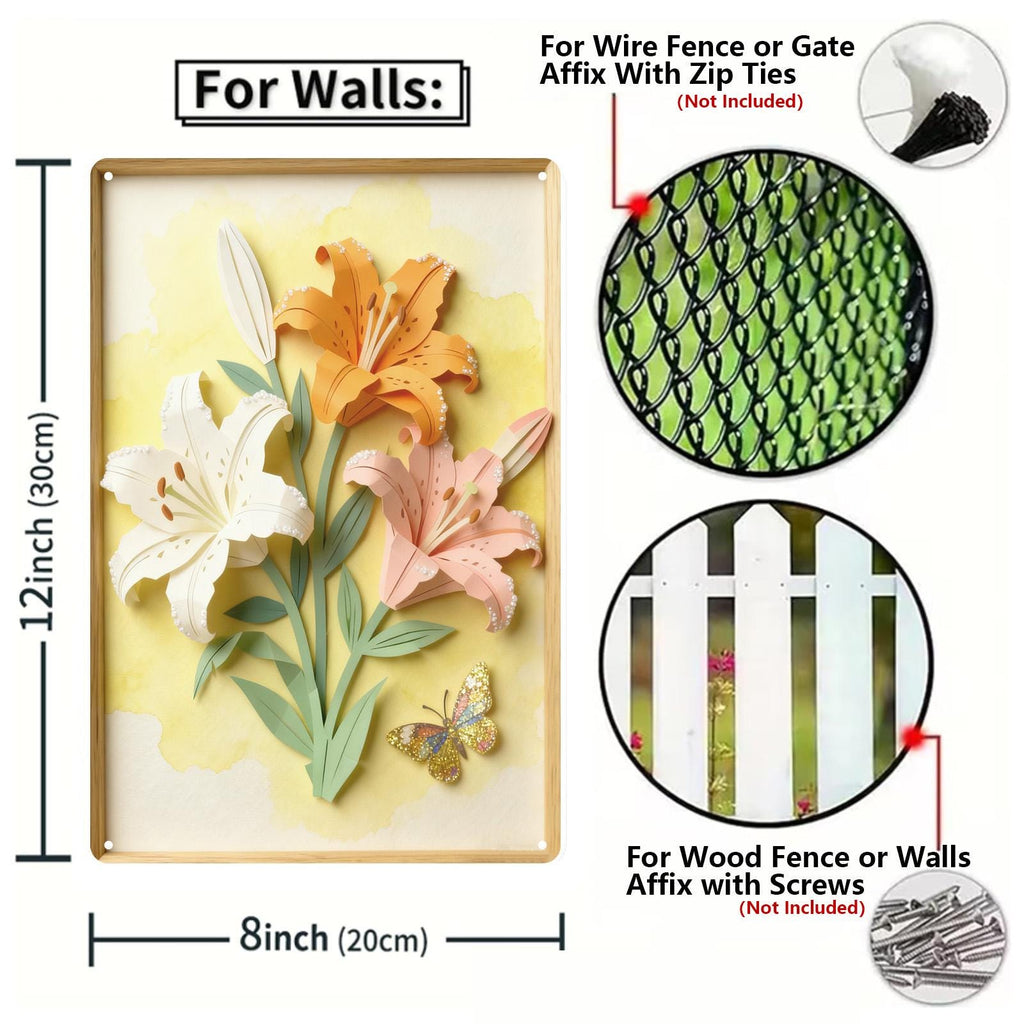 Lily Flower Metal Tin Sign, Floral Wall Decor with Butterfly, Spring Garden Home Decor, Nature Flower Wall Art