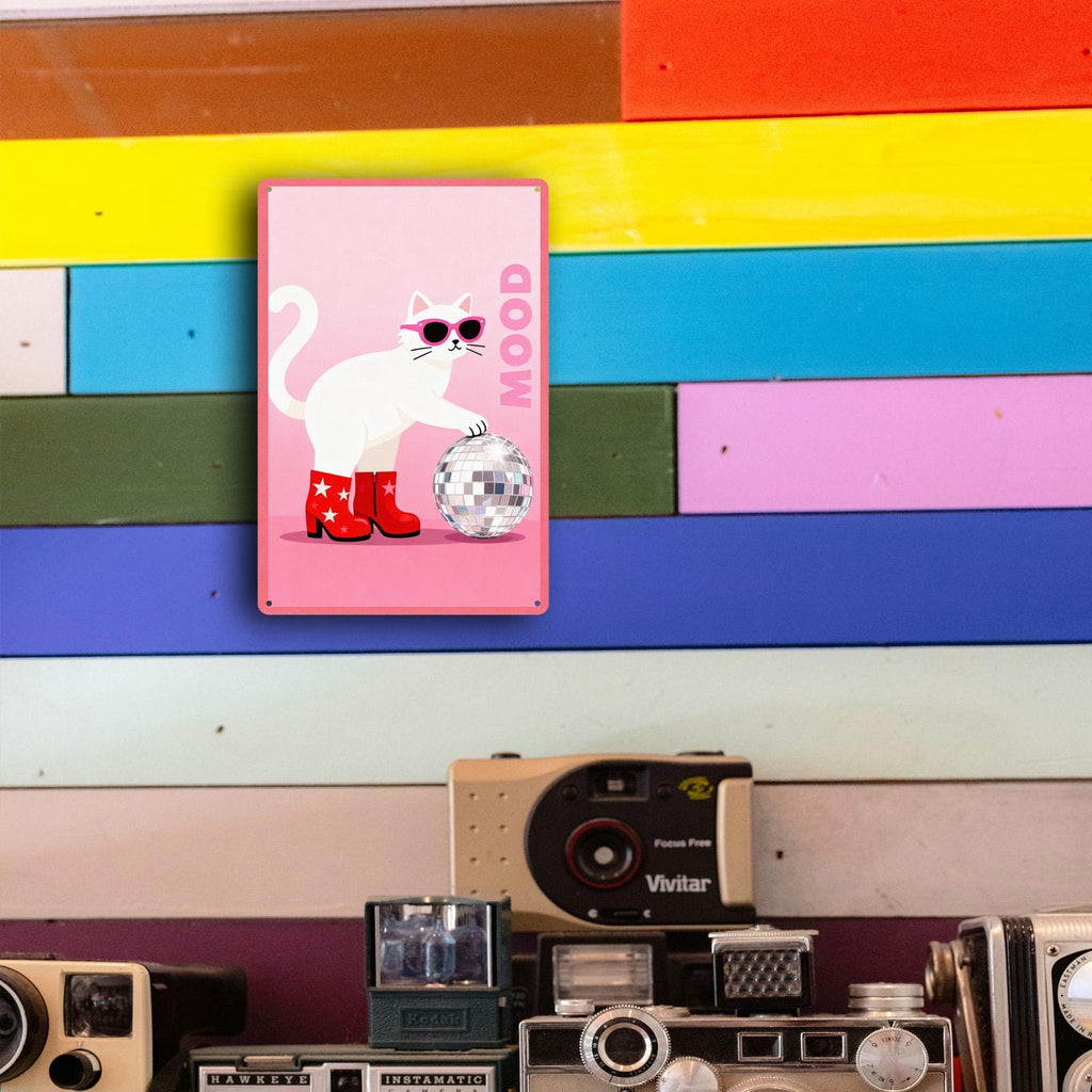Cool Cat Metal Tin Sign Pink Disco Cat Wall Decor Funny Pet Art Retro Animal Sign Gift for Cat Lovers