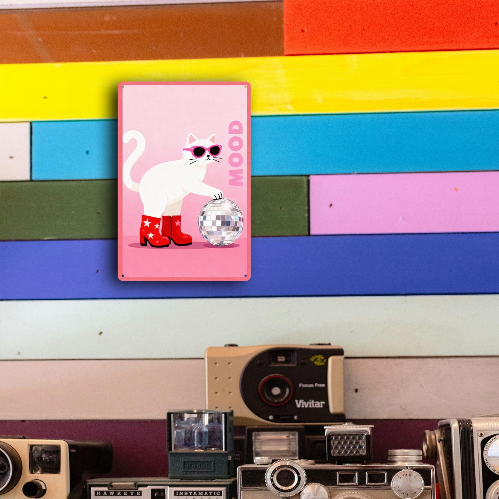 Cool Cat Metal Tin Sign Pink Disco Cat Wall Decor Funny Pet Art Retro Animal Sign Gift for Cat Lovers