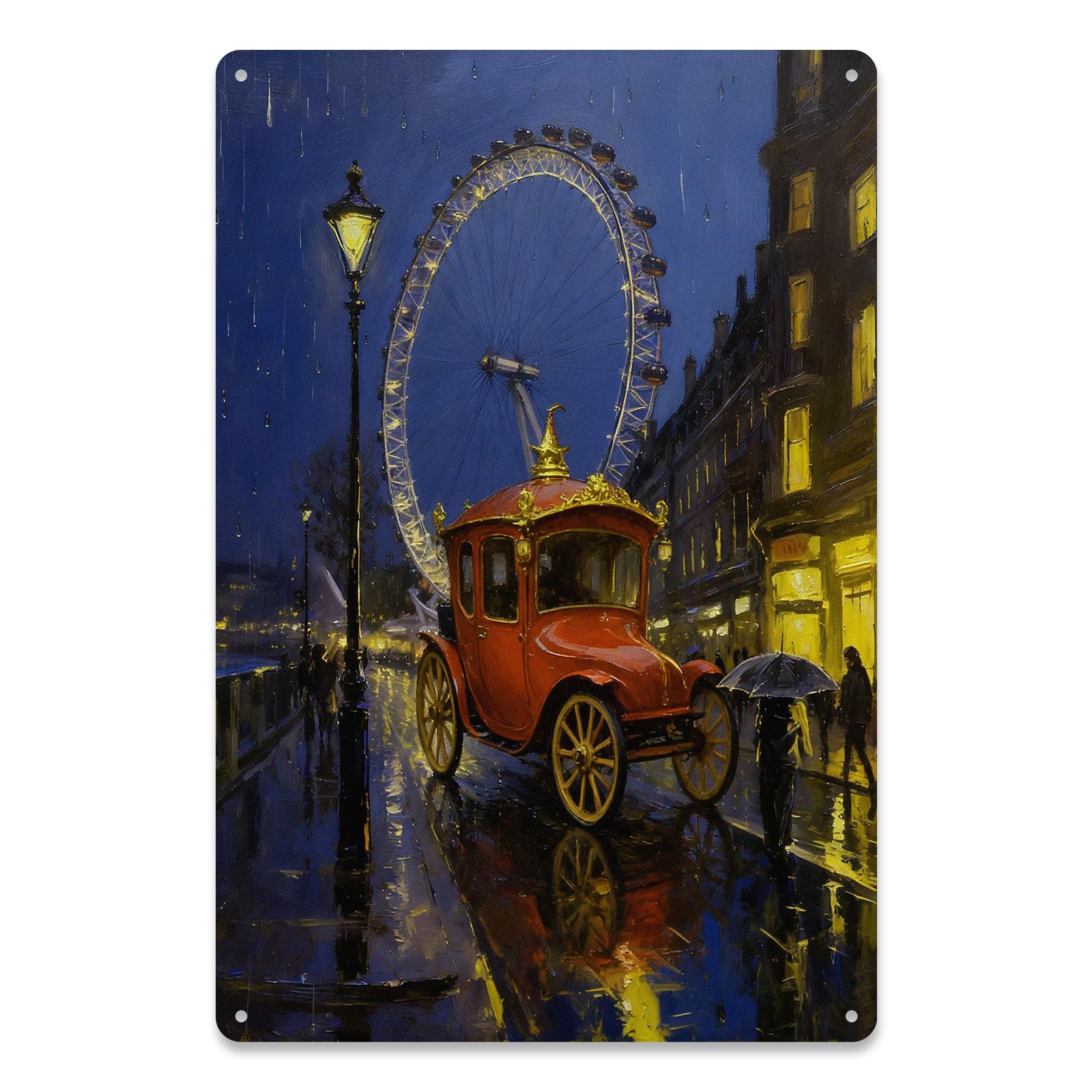 London Eye Rainy Night Metal Tin Sign, Vintage Car Street Scene Wall Decor, UK Travel Cityscape Art for Home Bar Cafe