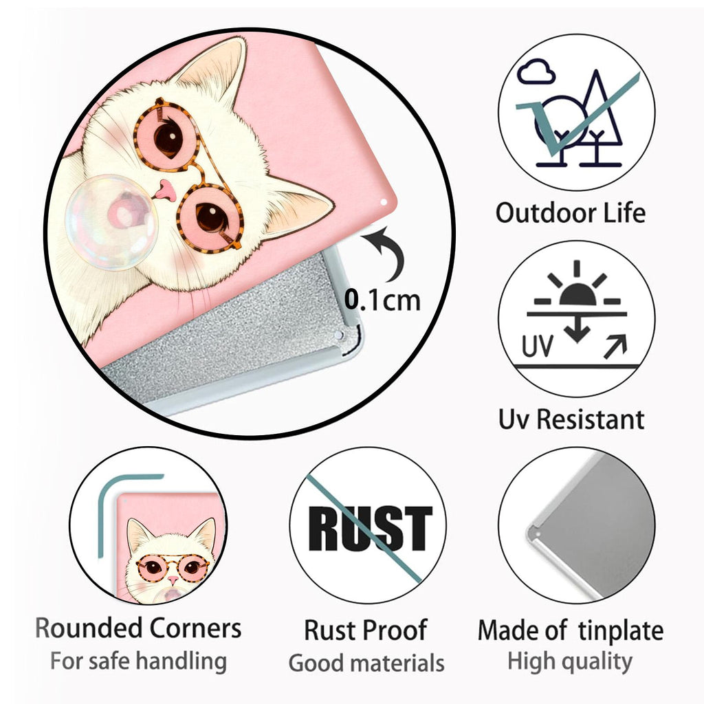 Cute Cat Metal Tin Sign, Pink Wall Decor, Cat With Glasses Bubble Gum Art, Kawaii Kitty Poster for Bedroom Nursery Gift