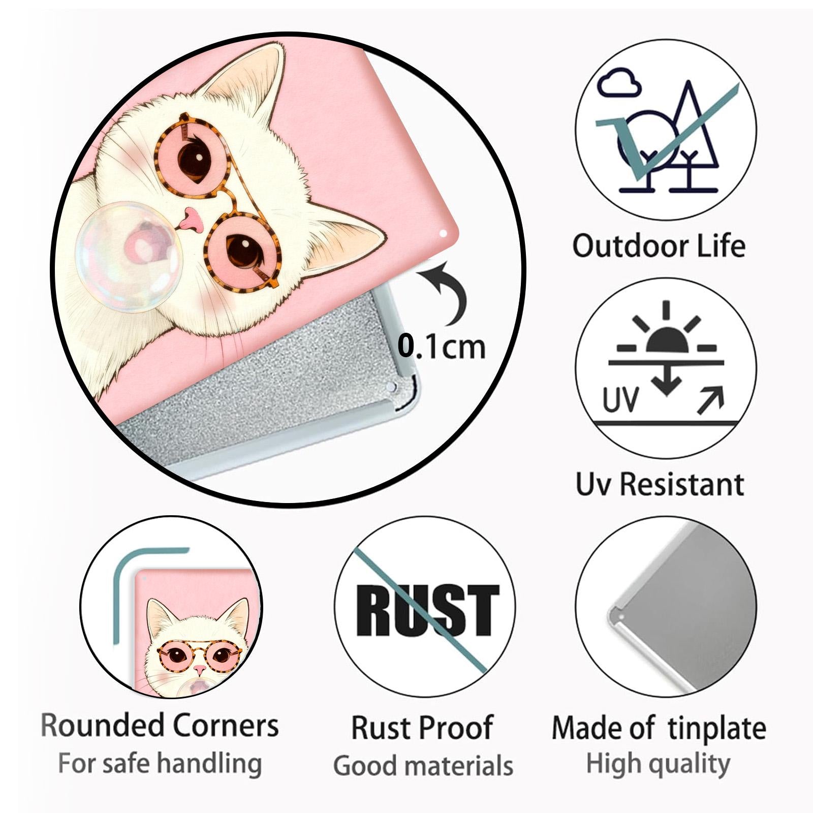 Cute Cat Metal Tin Sign, Pink Wall Decor, Cat With Glasses Bubble Gum Art, Kawaii Kitty Poster for Bedroom Nursery Gift