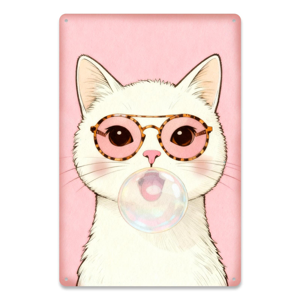 Cute Cat Metal Tin Sign, Pink Wall Decor, Cat With Glasses Bubble Gum Art, Kawaii Kitty Poster for Bedroom Nursery Gift