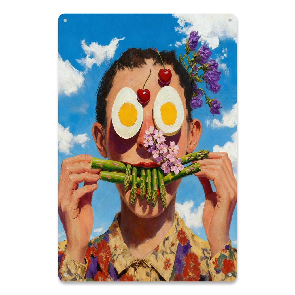 Surreal Funny Face Metallschild, Spargelmund Eieraugen Kunst, Seltsames Essensportrait Wa…