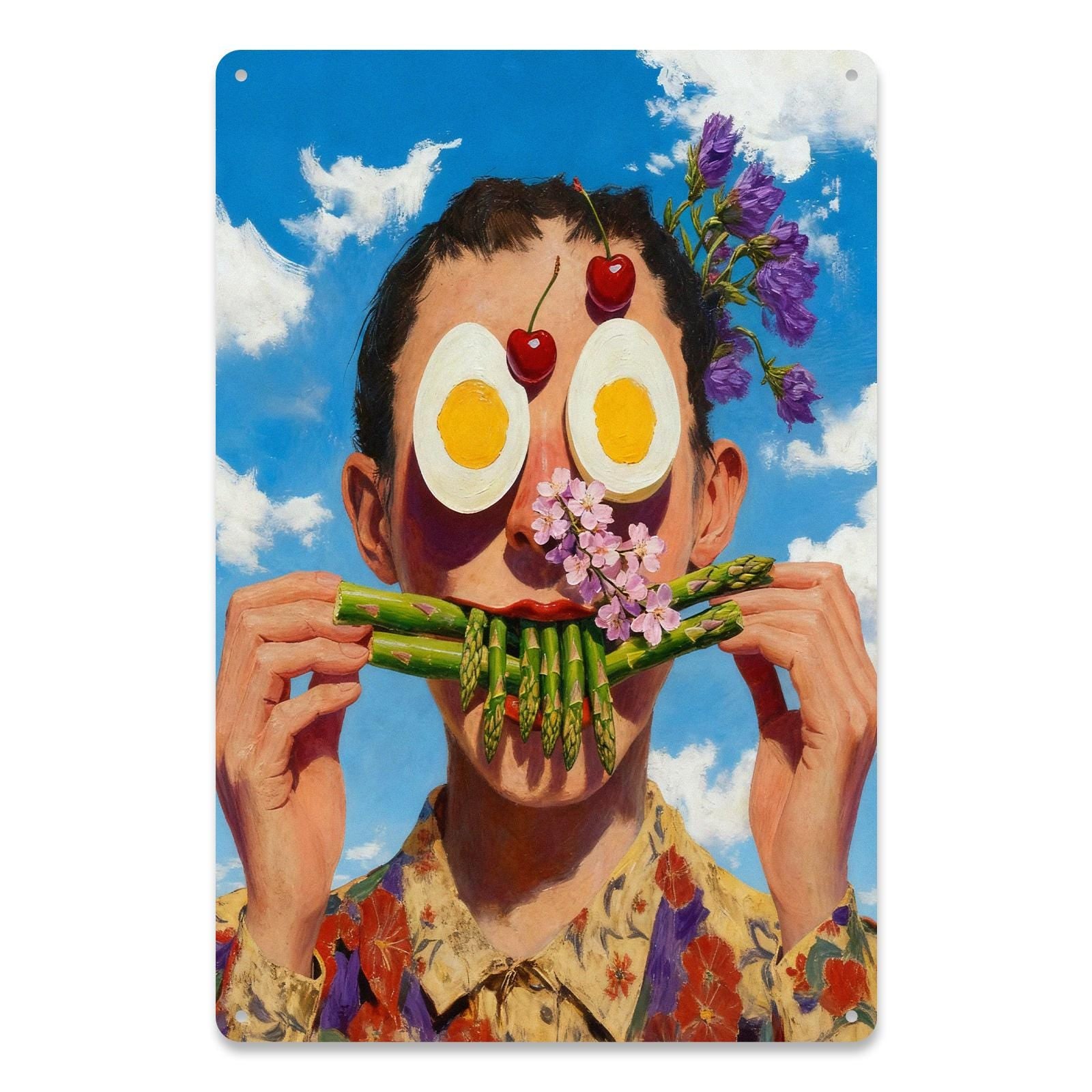Surreal Funny Face Metal Tin Sign, Asparagus Mouth Egg Eyes Art, Weird Food Portrait Wall Decor, Kitchen Bar Cafe Humor Poster