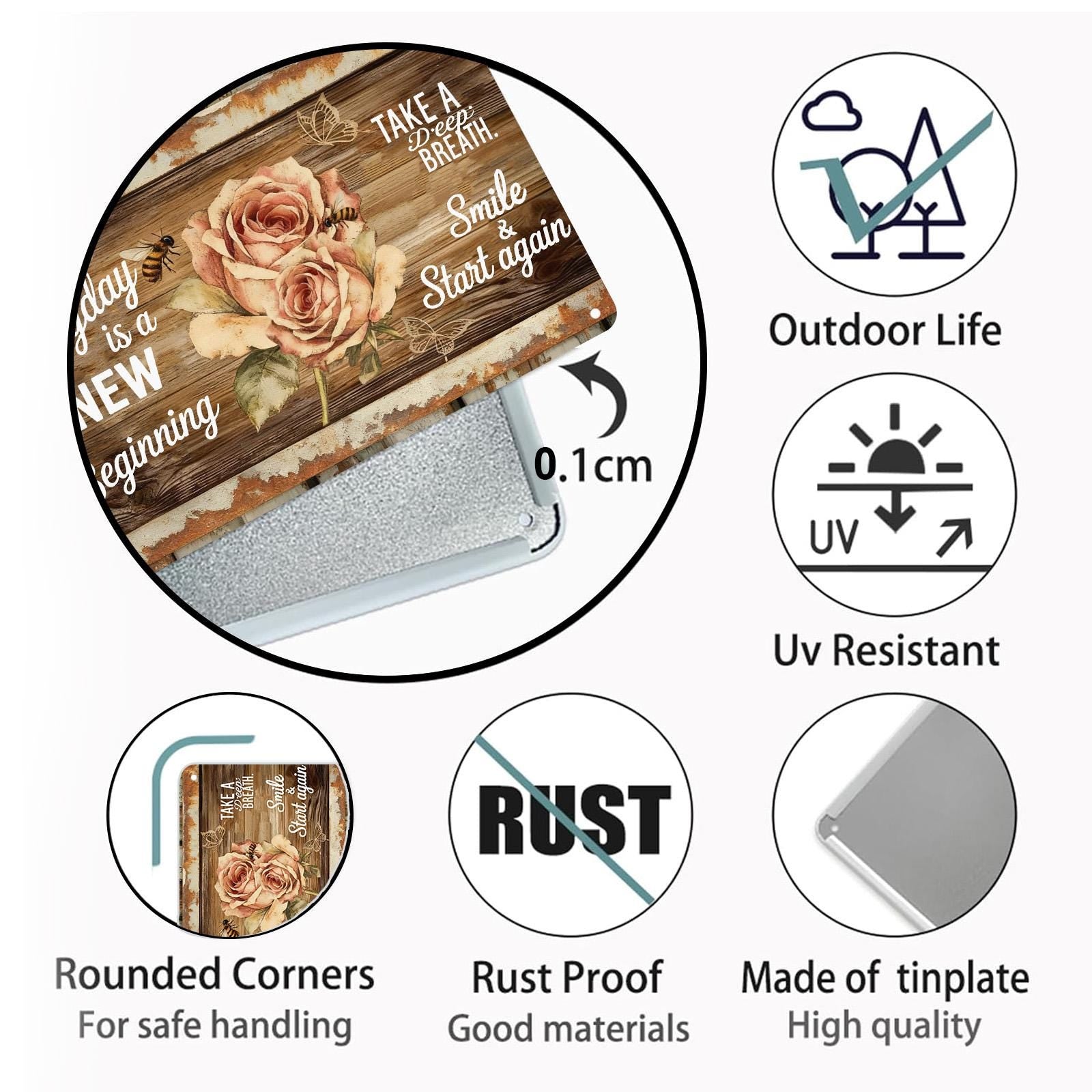 Everyday Is A New Beginning Metal Tin Sign, Inspirational Quote Wall Decor, Rustic Wood Rose & Bee, Farmhouse Bathroom Kitchen