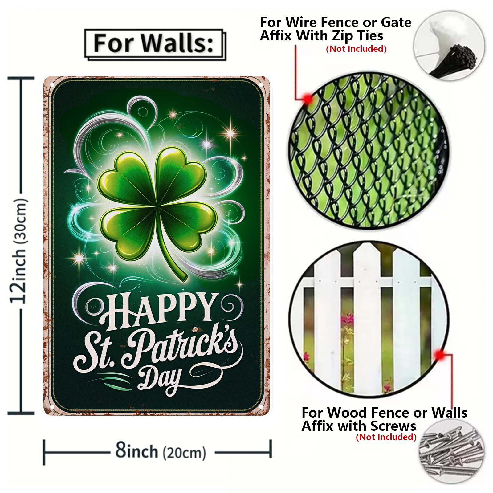 Happy St Patrick’s Day Metal Tin Sign, Lucky Shamrock Clover Wall Decor, Irish Pub Bar Party Decoration, Green Vintage Style