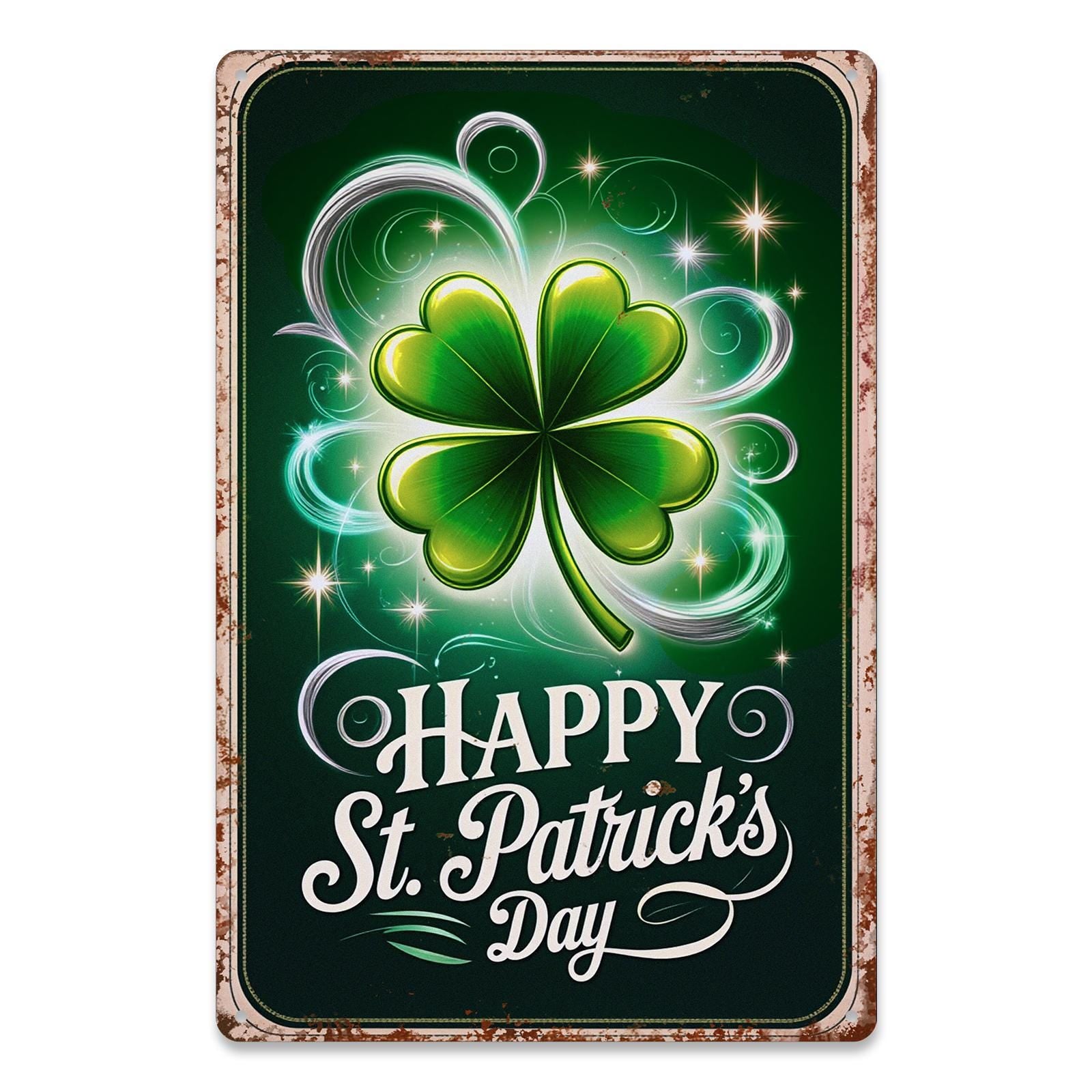Happy St Patrick’s Day Metal Tin Sign, Lucky Shamrock Clover Wall Decor, Irish Pub Bar Party Decoration, Green Vintage Style