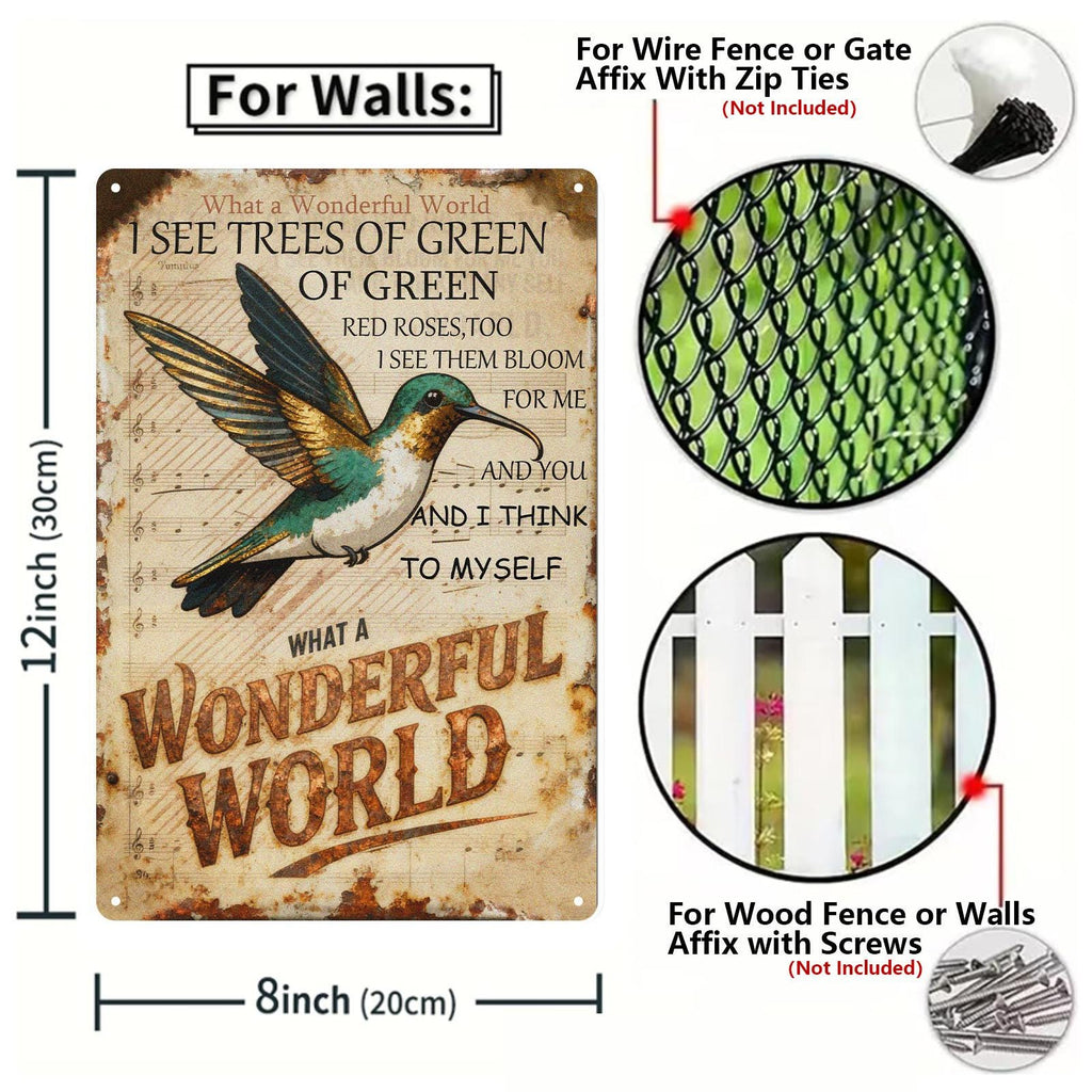 Plaque en métal « What a Wonderful World », décoration murale colibri note de musique, chanson vintage, style vieilli…