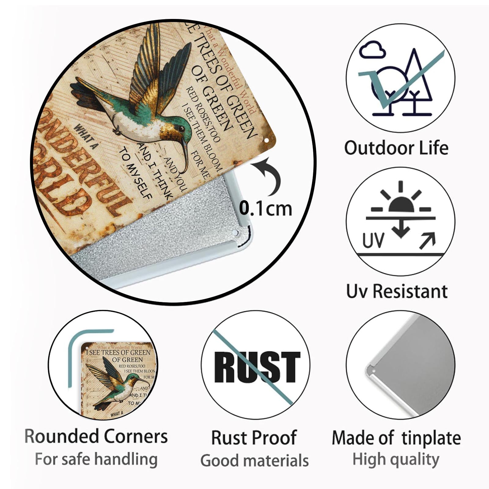 What a Wonderful World Metal Tin Sign, Hummingbird Music Note Wall Decor, Vintage Song Lyric Style Rustic Home Bar Cafe Art