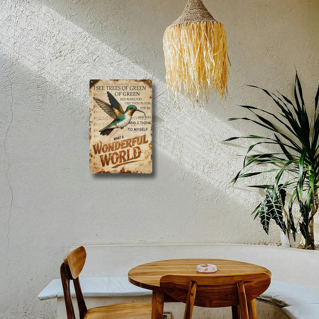 Plaque en métal « What a Wonderful World », décoration murale colibri note de musique, chanson vintage, style vieilli…
