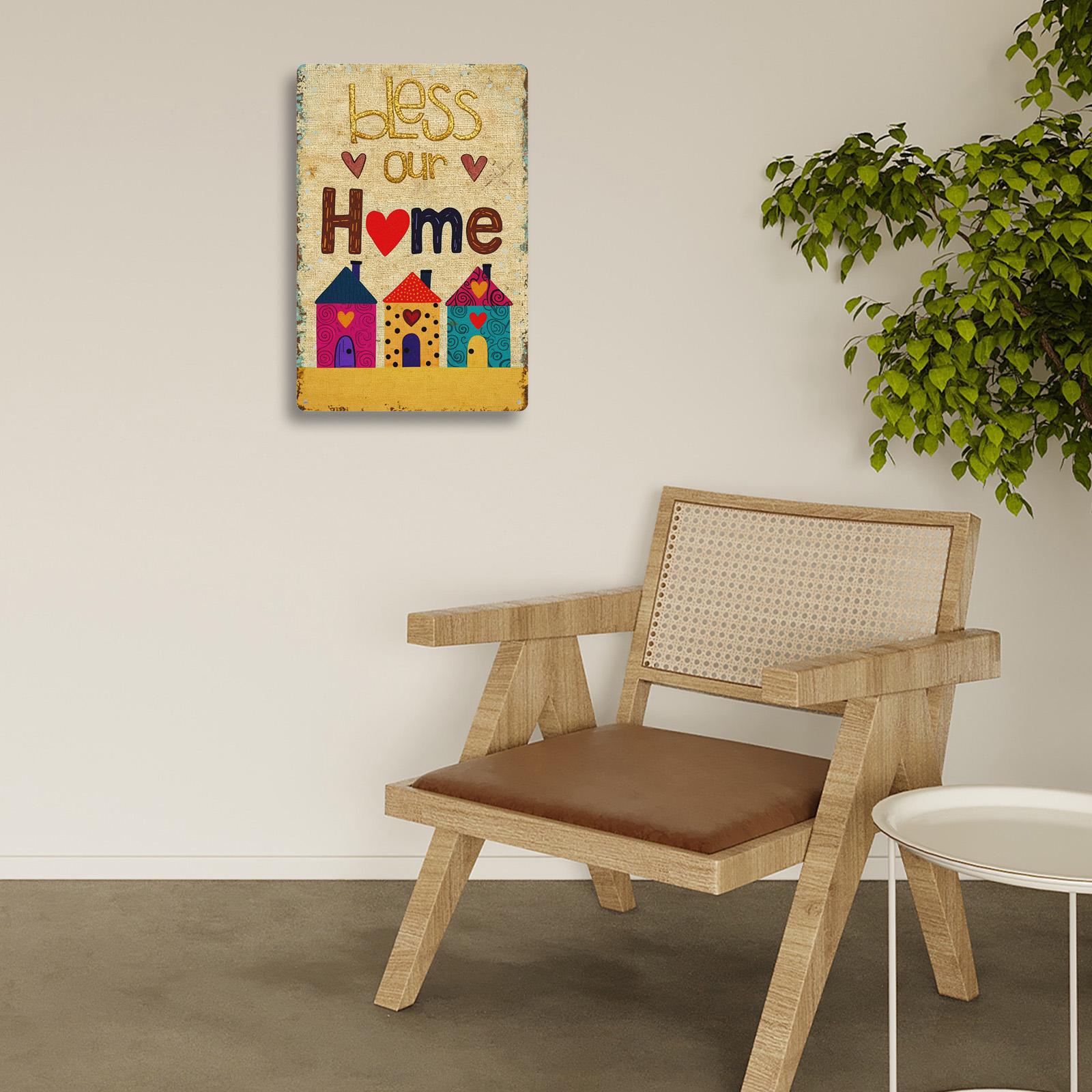 Bless Our Home Metal Tin Sign, Cute Colorful House Wall Decor, Family Blessing Quote, Farmhouse Entryway Kitchen Housewarming Gift