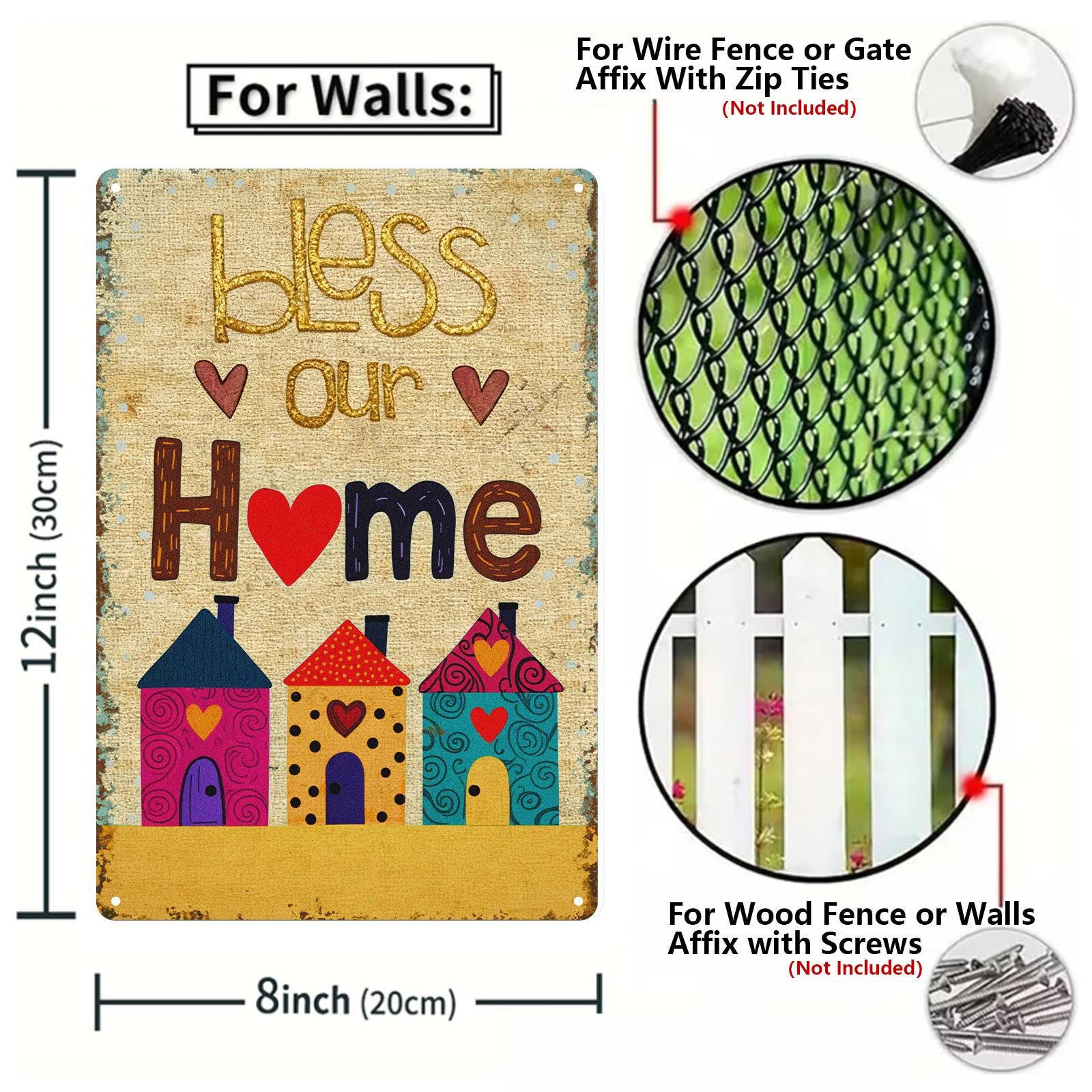 Bless Our Home Metal Tin Sign, Cute Colorful House Wall Decor, Family Blessing Quote, Farmhouse Entryway Kitchen Housewarming Gift