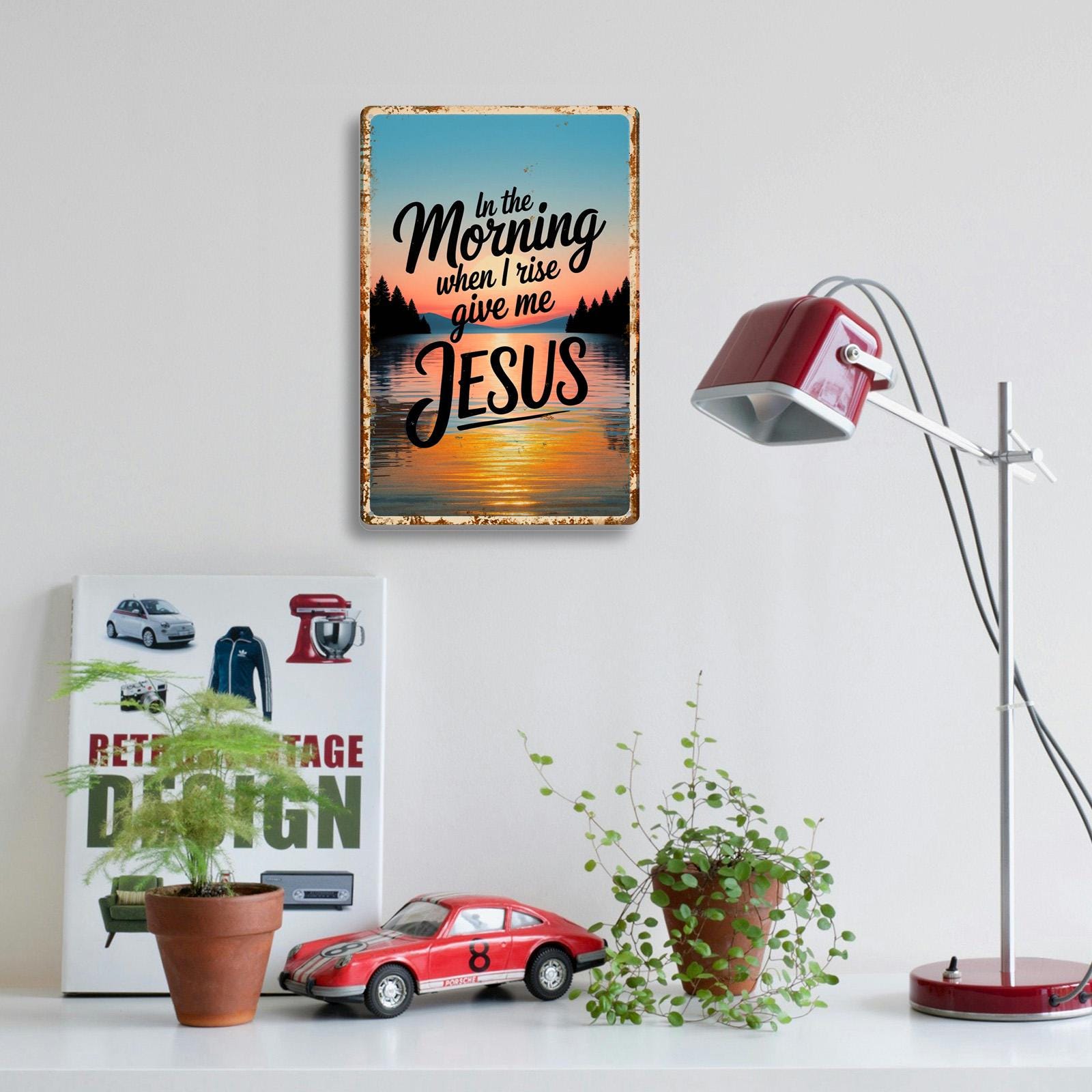 In the Morning When I Rise Give Me Jesus Metal Tin Sign, Christian Wall Decor, Sunrise Lake Quote Rustic Farmhouse Gift