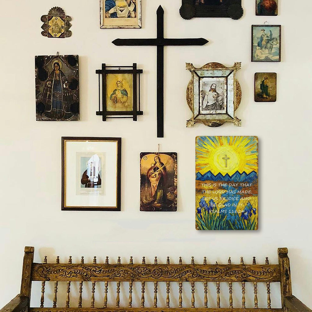 Psalms 118:24 Metal Tin Sign, Christian Bible Verse Wall Decor, Sun Cross Mountain Rustic Faith Inspirational Plaque