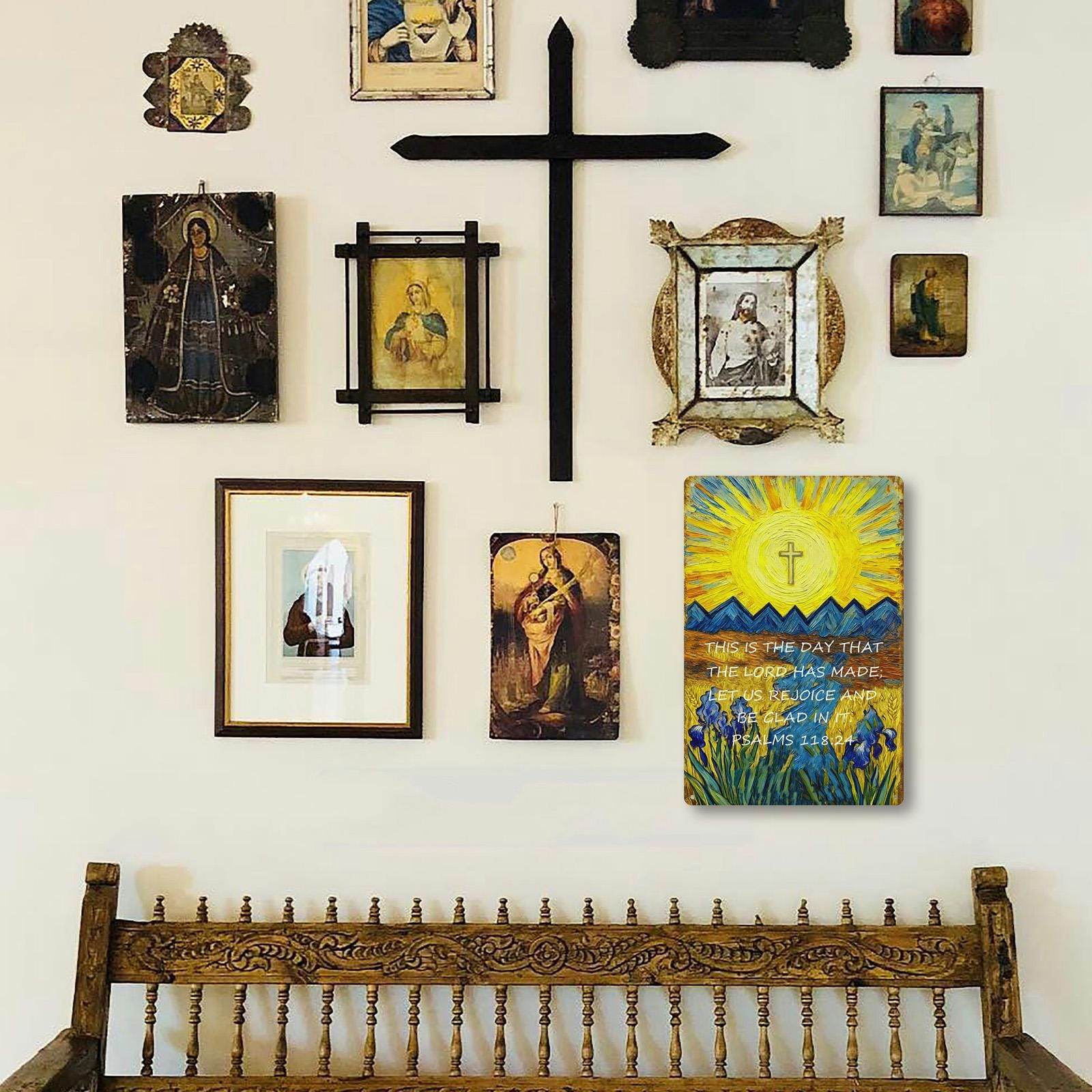 Psalms 118:24 Metal Tin Sign, Christian Bible Verse Wall Decor, Sun Cross Mountain Rustic Faith Inspirational Plaque