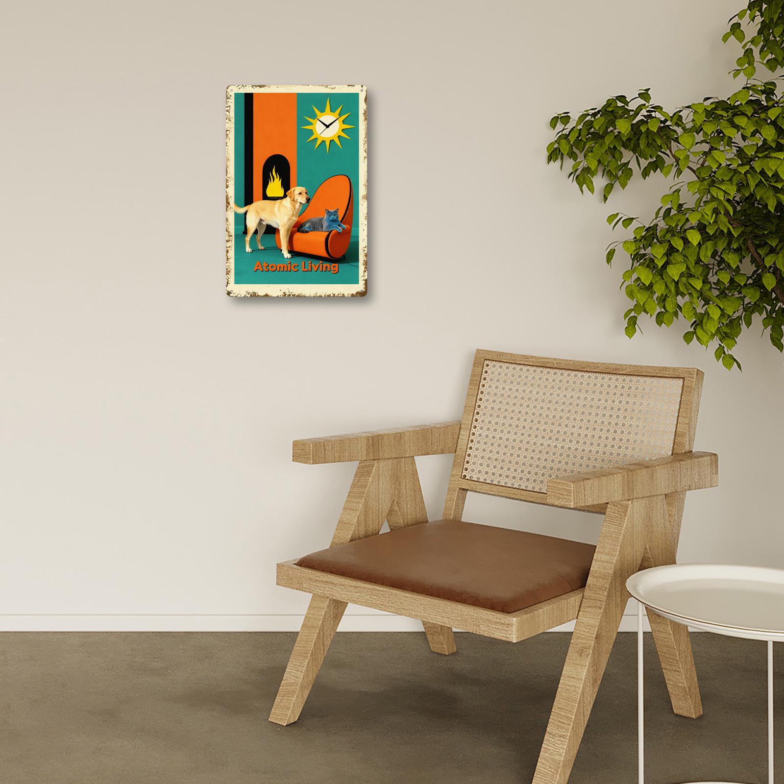 Atomic Living Metal Tin Sign, Retro Mid Century Modern Wall Art, Dog & Cat Lounge Poster, Vintage Home Decor Gift