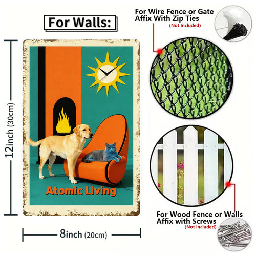 Atomic Living Metal Tin Sign, Retro Mid Century Modern Wall Art, Dog & Cat Lounge Poster, Vintage Home Decor Gift