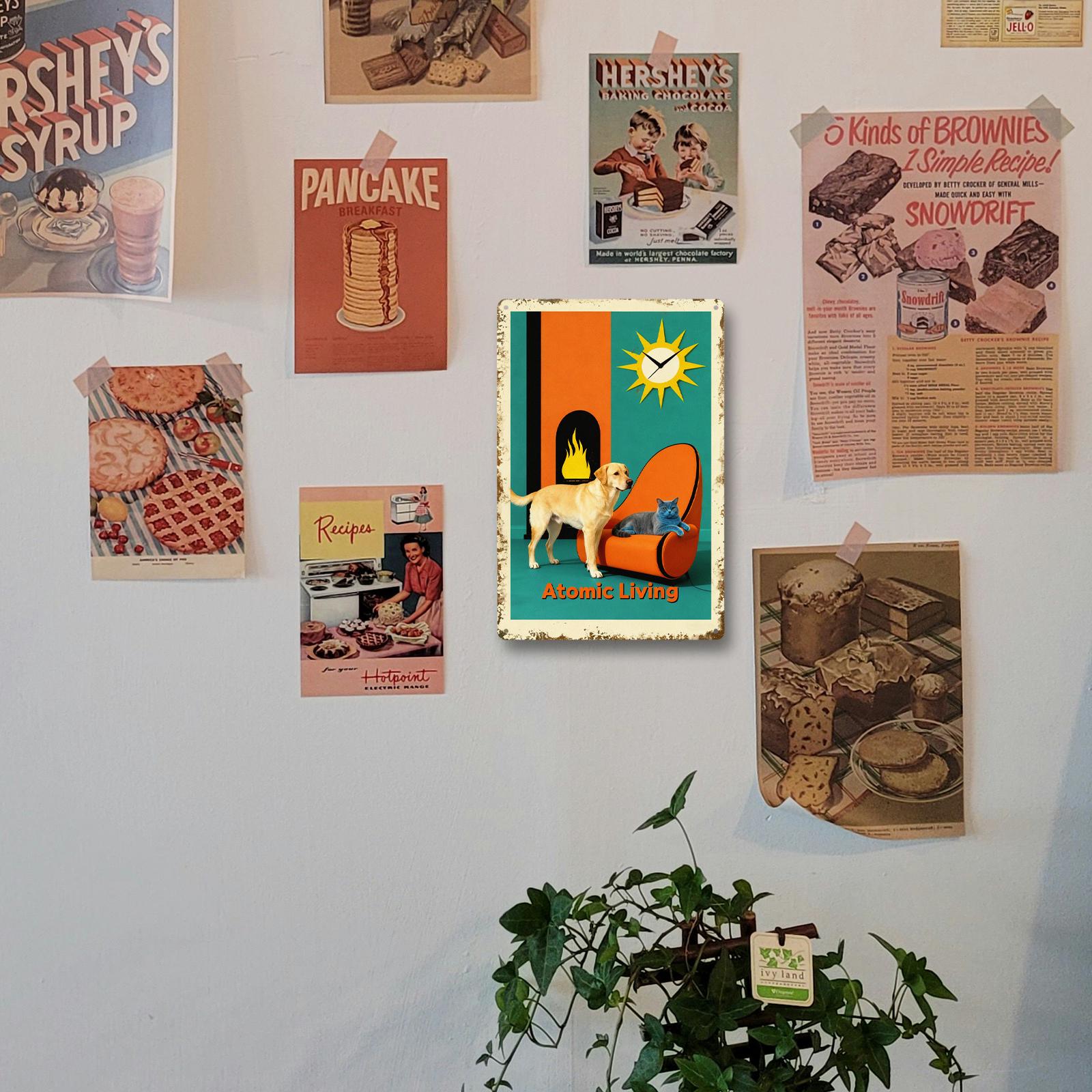Atomic Living Metal Tin Sign, Retro Mid Century Modern Wall Art, Dog & Cat Lounge Poster, Vintage Home Decor Gift
