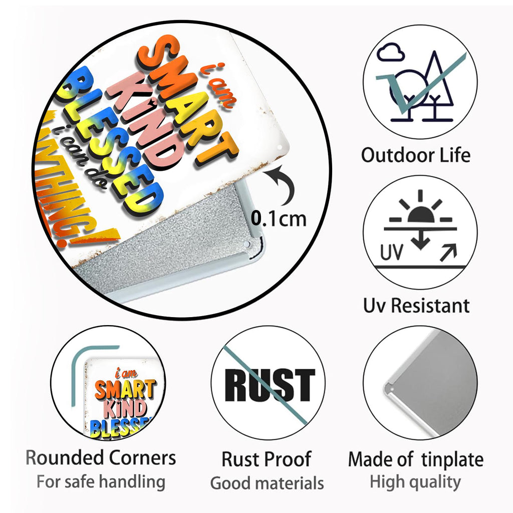 I Am Smart Kind Blessed Tin Sign, Inspirational Classroom Wall Decor, Positive Affirmation Gift for Kids, Teacher Nursery Playroom Sign