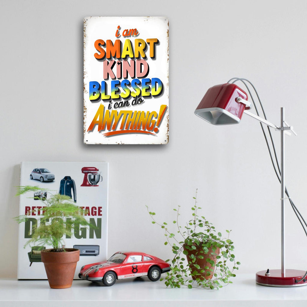 I Am Smart Kind Blessed Tin Sign, Inspirational Classroom Wall Decor, Positive Affirmation Gift for Kids, Teacher Nursery Playroom Sign