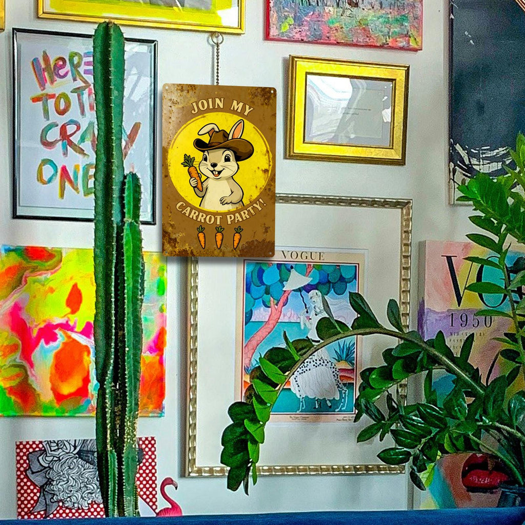 Join My Carrot Party Tin Sign, Funny Bunny Wall Decor, Rabbit Lover Gift, Farmhouse Rustic Metal Sign, Easter Bunny Kitchen Decor