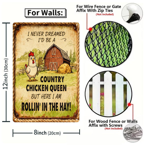 Country Chicken Queen Funny Tin Sign, Farmhouse Chicken Coop Decor, Hen Humor Wall Art, Rustic Barn Kitchen Sign, Gift for Chicken Lovers