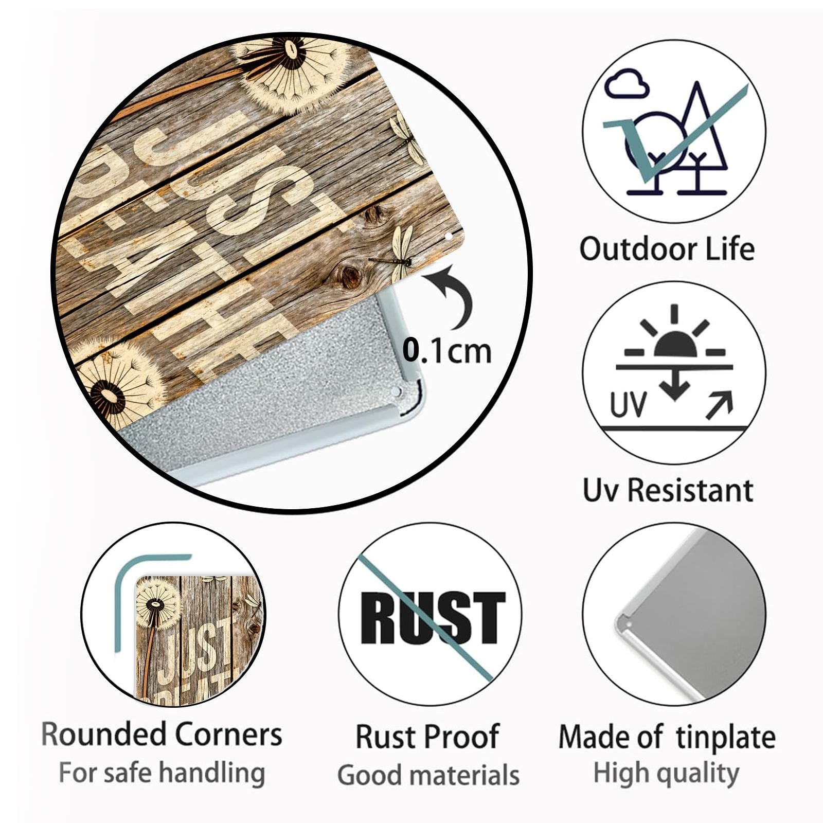 Just Breathe Rustic Inspirational Tin Sign, Farmhouse Bathroom Bedroom Wall Decor, Calming Quote Wood Look Metal Sign, Mindfulness Gift