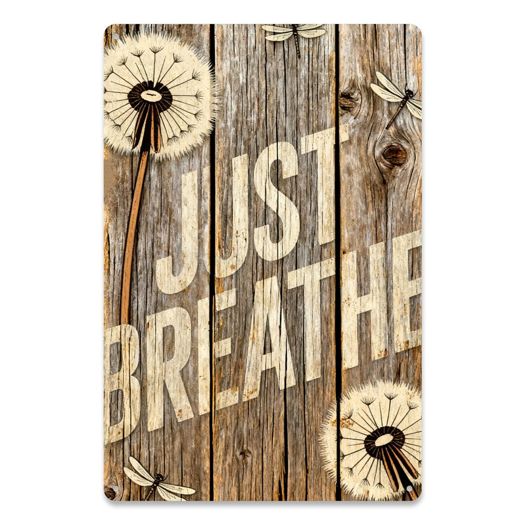 Just Breathe Rustic Inspirational Tin Sign, Farmhouse Bathroom Bedroom Wall Decor, Calming Quote Wood Look Metal Sign, Mindfulness Gift