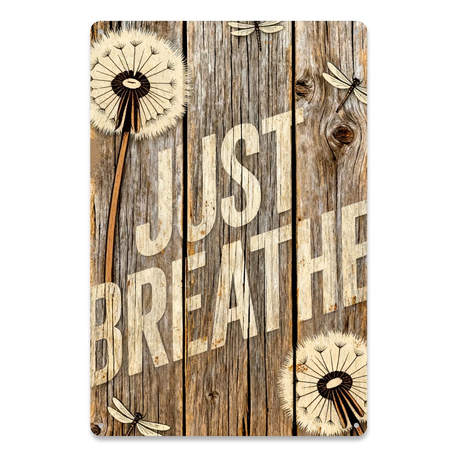 Just Breathe Rustic Inspirational Tin Sign, Farmhouse Bathroom Bedroom Wall Decor, Calming Quote Wood Look Metal Sign, Mindfulness Gift